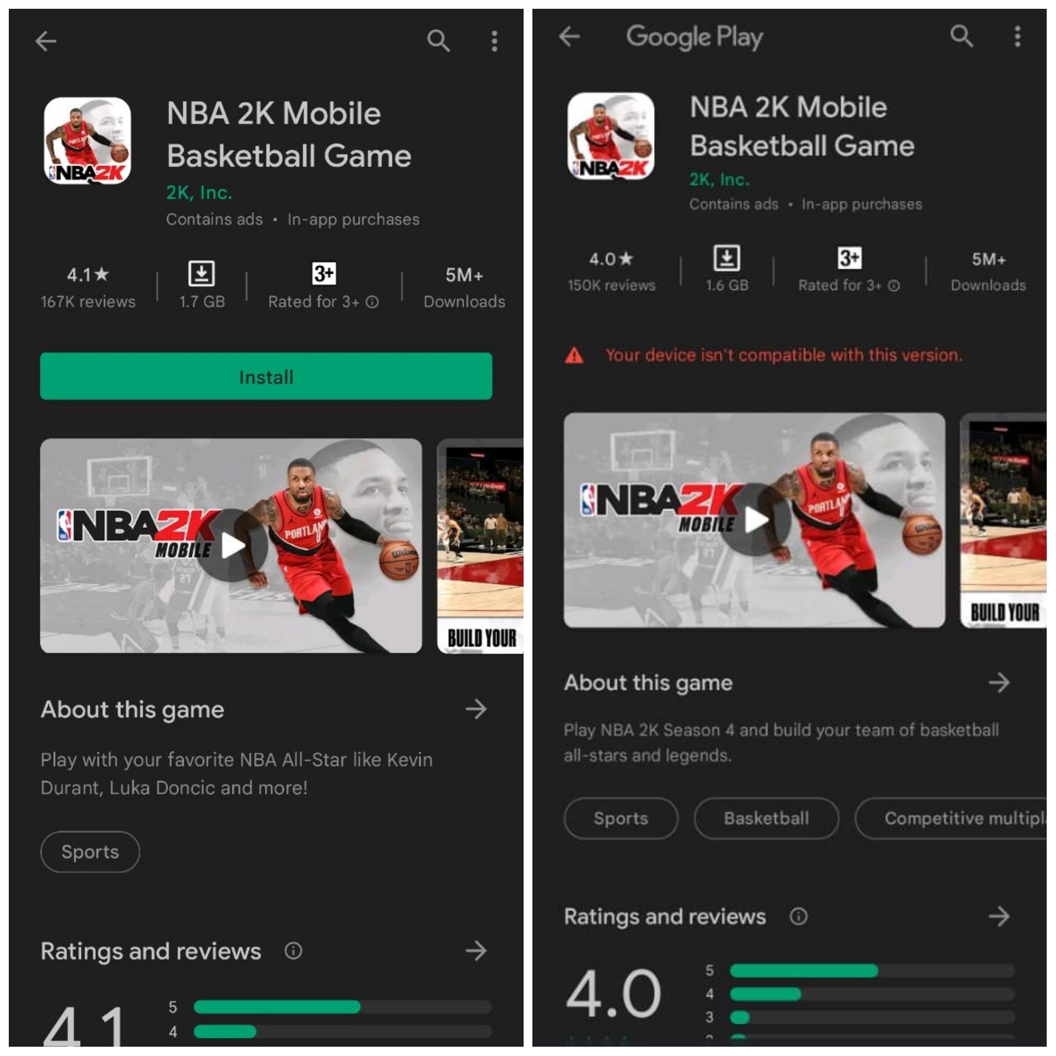 SoC Optimization showing NBA 2k running on phone A but not on phone B
