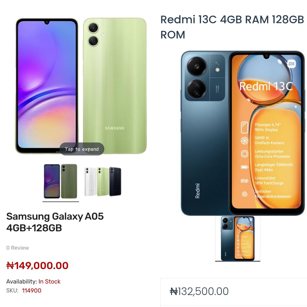 Redmi 13C Vs Samsung Galaxy A05 retail prices